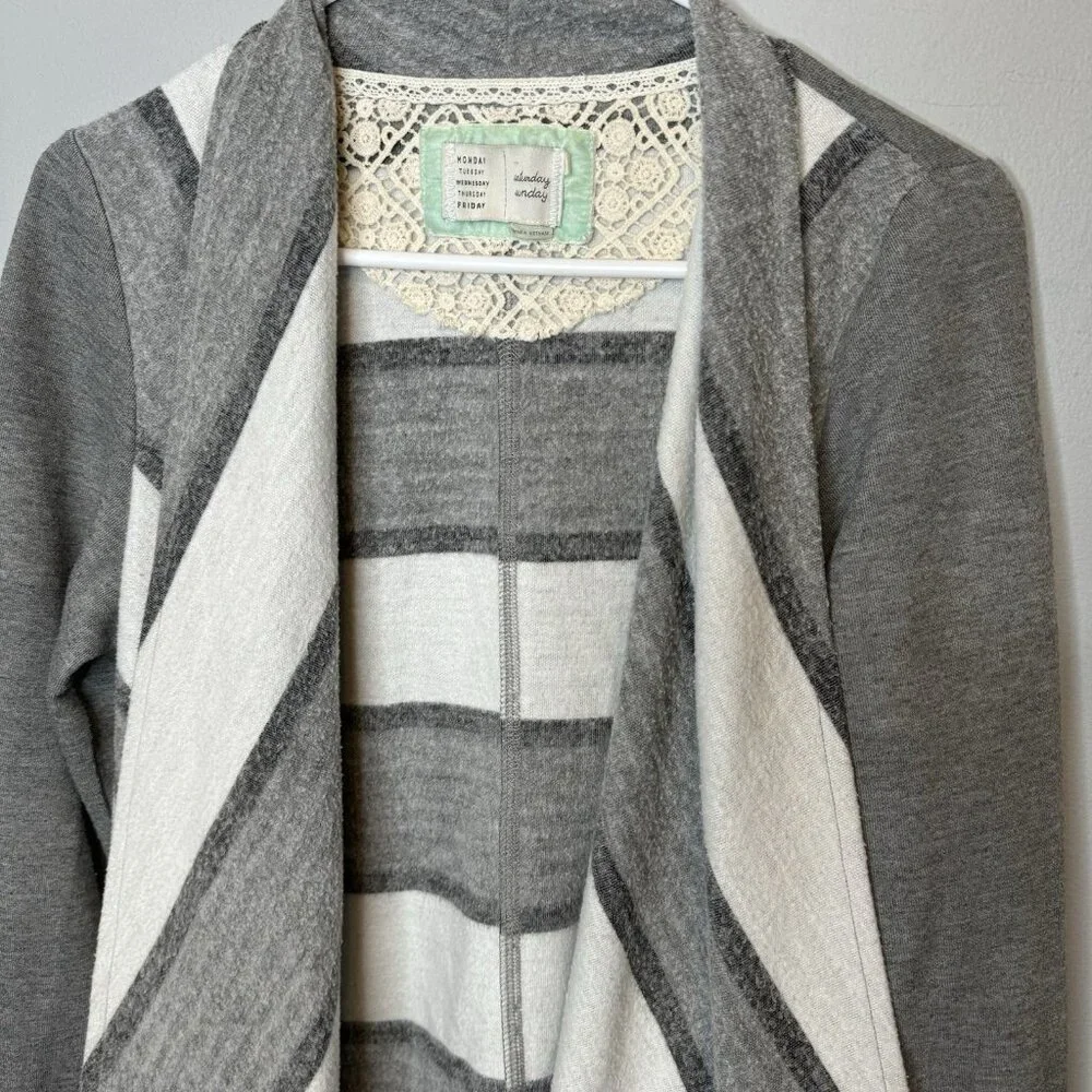 Anthropologie Saturday Sunday Cardigan Medium Gray Grey Fringe Striped - Picture 4 of 7